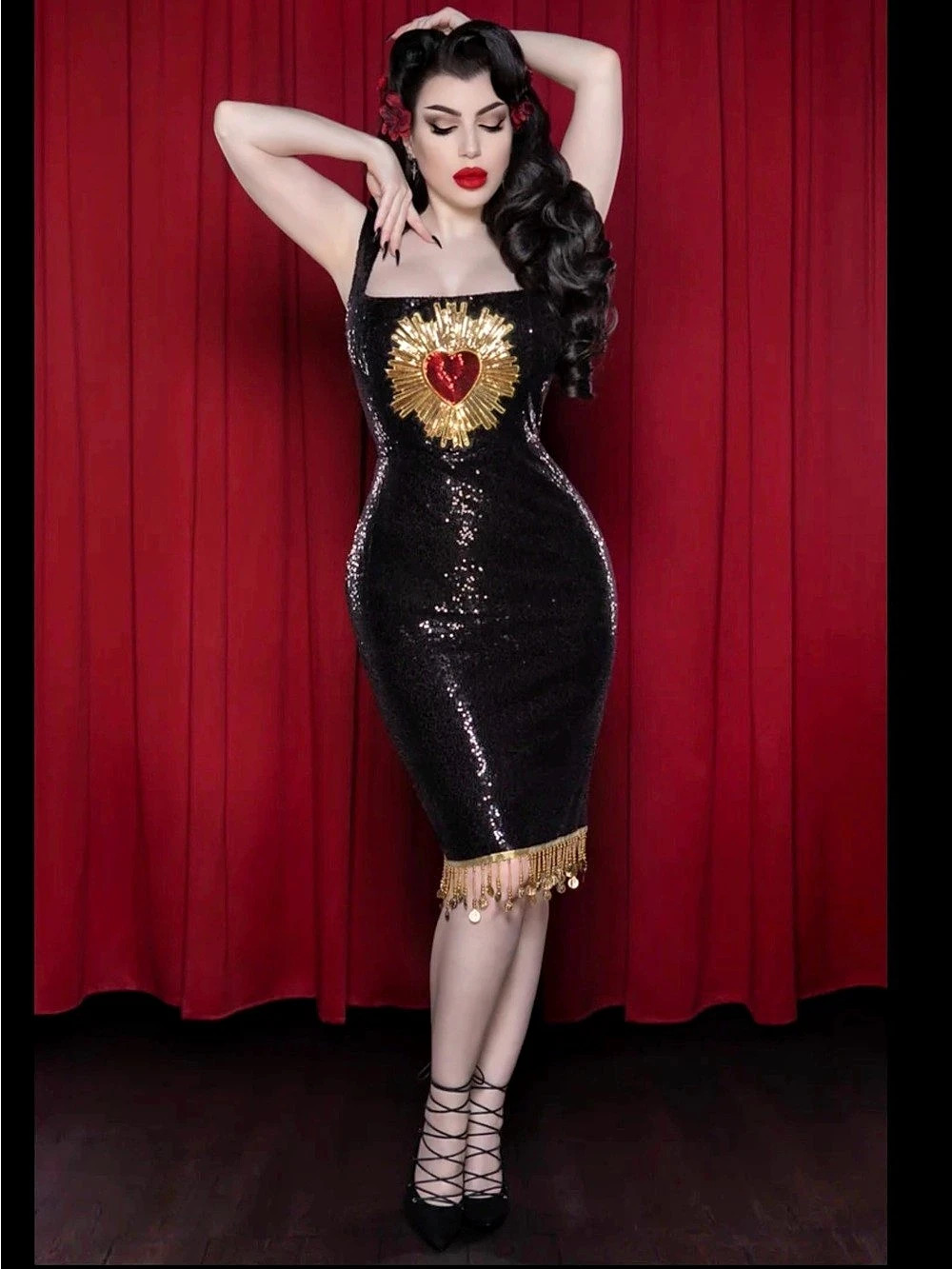 Weasel Wear Pauline Sequin Sacred Heart Wiggle Dress XL NWT Coin Fringe $132